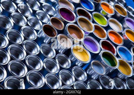 Background from multi color cans of paint Stock Photo
