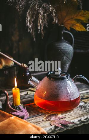 Cozy autumn composition. Homemade decoration. Stock Photo