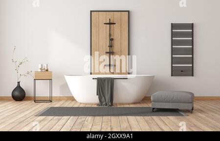 Minimalist bathroom with bathtub and shower, decorative wood panel and black radiator - 3d rendering Stock Photo