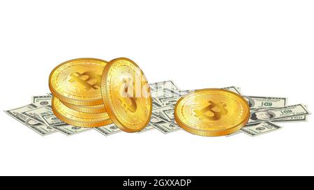 Golden stack of Bitcoin coins lies on pile of paper 100 us dollars banknotes isolated on white. Digital gold over cash money. Vector illustration. Stock Vector