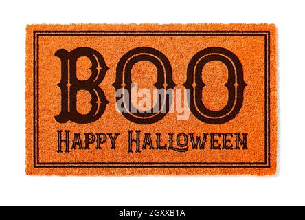 Boo, Happy Halloween Orange Welcome Mat Isolated on White Background. Stock Photo