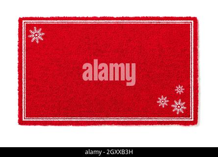 Blank Holiday Red Welcome Mat With Snow Flakes Isolated on White  Background. Stock Photo