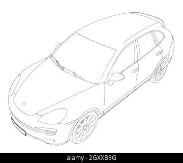 Outline of a passenger car from black lines isolated on a white background. Isometric view. Vector illustration. Stock Vector