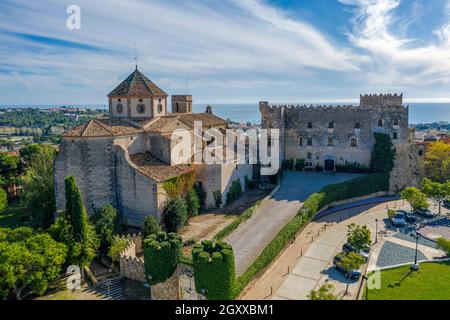 a view of Sant Marti Church and Altafulla Castle in Altafulla, Catalonia Spain Stock Photo