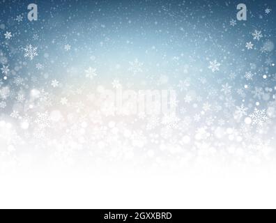 Snowflakes and snow powder on a frozen blue background - Winter material Stock Photo