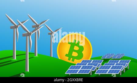 Bitcoin mining concept using green energy to protect environment. Windmills and solar panels generate electricity stand on green grass. Vector illustr Stock Vector