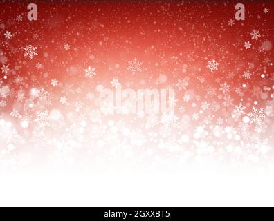 Snowflakes and snow powder on a frozen red background - Christmas material Stock Photo
