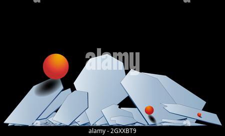 Stylish modern 3D polygonal background of falling hexagons with a metal surface and orange volumetric balls. Light plane in hexagons. Multilayer compo Stock Vector