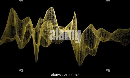Yellow 3D wireframe wave structure, abstract visualization of audio sound waves against black background, format 16:9 4K UHD Stock Photo