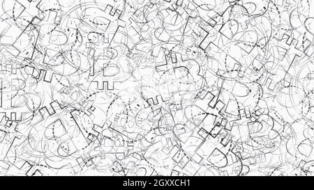 Modern seamless geometric pattern in black and white with outline bitcoin BTC sign and digital rings with different sizes on white background. Vector Stock Vector