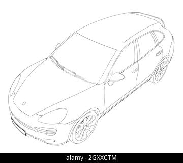 Outline of a passenger car from black lines isolated on a white background. Isometric view. Vector illustration. Stock Vector