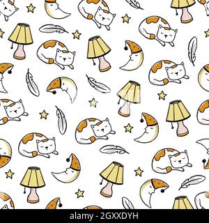 Sleep, bed time seamless pattern. Zzz, dream time kids background. Hand drawn sketch doodle style. Star, pillow, moon element. Vector illustration. Stock Vector