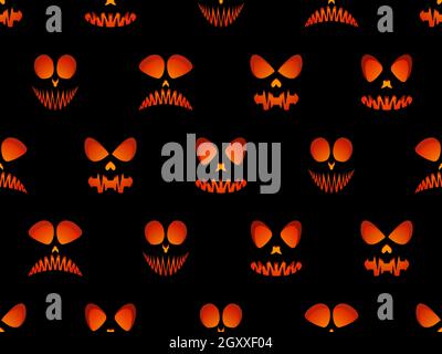 Halloween seamless pattern with scary face. Fire evil eyes on black background. Ghost mask. Festive background design for banners and posters, wrappin Stock Vector