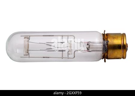 Close-up of a used antique technically advanced narrow film or projection lamp with high luminous flux and small lamp body dimensions. Clipping path. Stock Photo