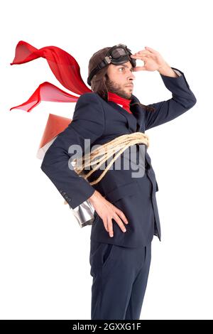 Businessman with homemade rocket and googles ready for a challenge Stock Photo