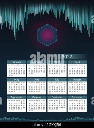 Vertical futuristic yearly calendar 2022 digital theme with hexagon, week starts on Sunday. Annual big wall calendar colorful modern illustration. A4 Stock Vector