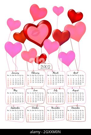 Vertical yearly calendar 2022 with heart shaped balloons romantic theme, week starts on Monday, on white. Annual big wall calendar colorful modern vec Stock Vector