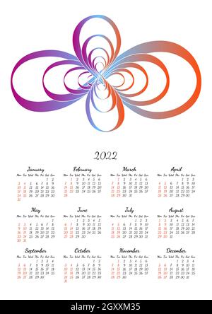 Vertical yearly calendar 2022 with abstract infinity shape, week starts on Monday, on white. Annual big wall calendar colorful modern vector illustrat Stock Vector