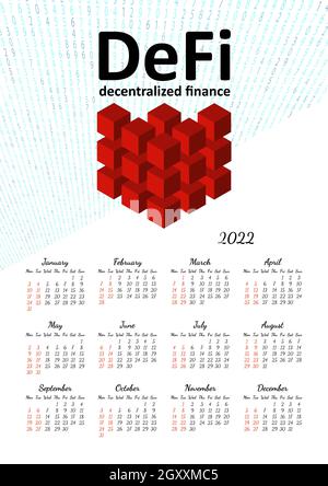 Vertical yearly calendar 2022 with DeFi decentralized finance theme, week starts on Monday, on white. Annual big wall calendar colorful modern vector Stock Vector