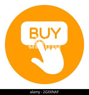 Finger pointing to buy sign white glyph icon. E-commerce sign. Graph symbol for your web site design, logo, app, UI. Vector illustration, EPS10. Stock Photo