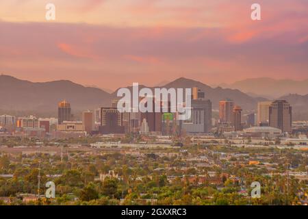 Phoenix city downtown skyline cityscape of Arizona in USA at sunset Stock Photo