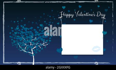 Greeting card for Valentine's Day with a frame. A tree with balloons in the shape of hearts instead of leaves. Dark blue color. Copy space hanging on Stock Vector