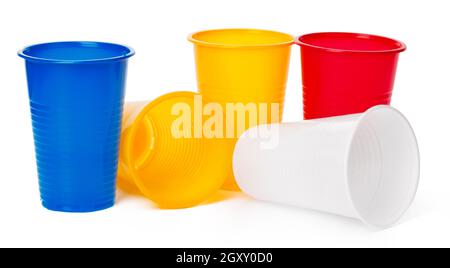 Colored disposable cups for drinks isolated on white Stock Photo