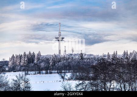 Beautiful landscape with view to Hoherodskopf and snow in Hesse Germany Stock Photo