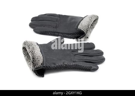 Leather black gloves. Close-up. Isolated over white background. Stock Photo