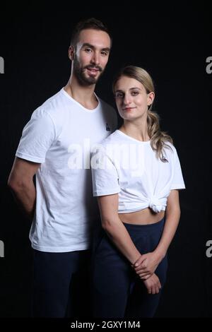 Romilly sur Seine, France, October 4, 2021, Ice dancers Gabriella Papadakis and Guillaume Cizeron from the Beijing 2022 Olympic games French team pose at Le Coq Sportif factory in Romilly sur Seine, France on October 4, 2021. Photo by Jerome Dominé/ABACAPRESS.COM Stock Photo