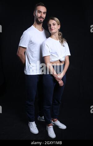 Romilly sur Seine, France, October 4, 2021, Ice dancers Gabriella Papadakis and Guillaume Cizeron from the Beijing 2022 Olympic games French team pose at Le Coq Sportif factory in Romilly sur Seine, France on October 4, 2021. Photo by Jerome Dominé/ABACAPRESS.COM Stock Photo