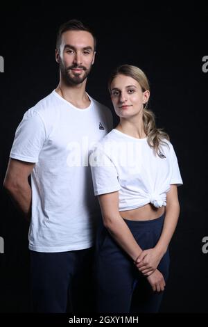 Romilly sur Seine, France, October 4, 2021, Ice dancers Gabriella Papadakis and Guillaume Cizeron from the Beijing 2022 Olympic games French team pose at Le Coq Sportif factory in Romilly sur Seine, France on October 4, 2021. Photo by Jerome Dominé/ABACAPRESS.COM Stock Photo