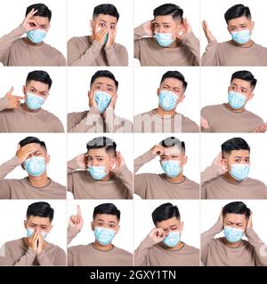 Face expressions of young man in medical mask . Different  emotions collection Stock Photo