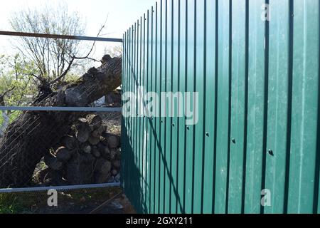 Diagonal pattern of metal profile. Fences from the galvanized iron painted by a polymeric covering. Stock Photo