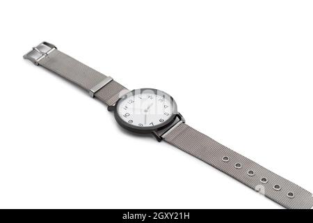 Wristwatch with a metal strap. Close-up. Isolated over white background. Stock Photo
