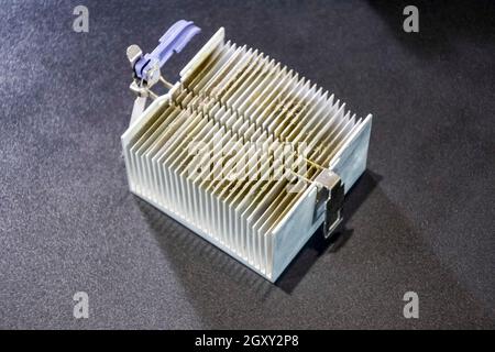 Dirty dusty radiator computer processor. Details of the computer's system unit. Stock Photo