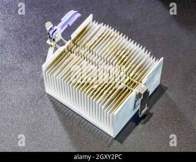 Dirty dusty radiator computer processor. Details of the computer's system unit. Stock Photo