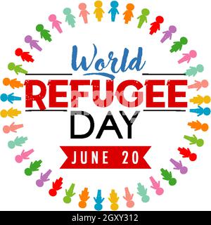 World Refugee Day banner with different colour people sign on world map ...