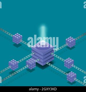 Blockchain technology isometric concept with copy space over spotlight. Composite cubes hanging on chains. Vector illustration. Stock Vector
