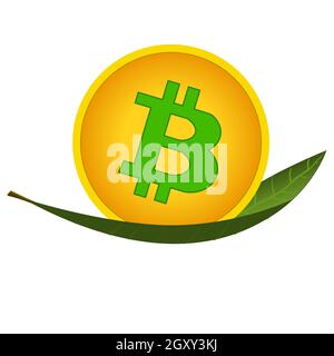 Bitcoin coin on green leaf isolated on white. Concept of mining cryptocurrencies using green renewable energy to protect environment. Stock Vector