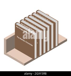 Isometric bookshelf with thick books. Brown cover with text. Copy space. Room interior element. Indoor furniture. Vector EPS10. Stock Vector