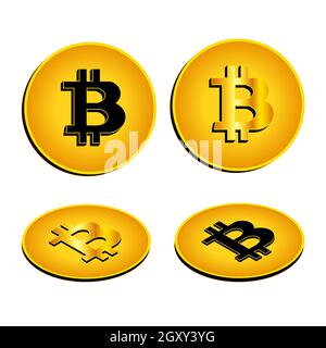 Gold coin Bitcoin with isometric projection. Black sign and golden. Vector EPS10. Stock Vector