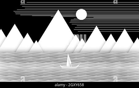 illustraiton of sailing boat in the ocean with mountain and sun in the back, nature scene made of geomatrical shapes with mountain, sun, sky and waves Stock Photo