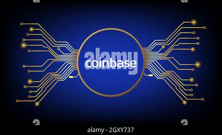 Coinbase cryptocurrency stock market symbol in gold circle with pcb tracks on digital blue background. Design element in techno style for website or b Stock Vector