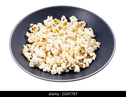 popped corn in gray bowl isolated on white background Stock Photo