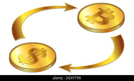 Dollars USD and Bitcoin BTC circulation isometric concept with gold coins and cyclical arrows isolated on white. Rotation of digital money. Vector des Stock Vector