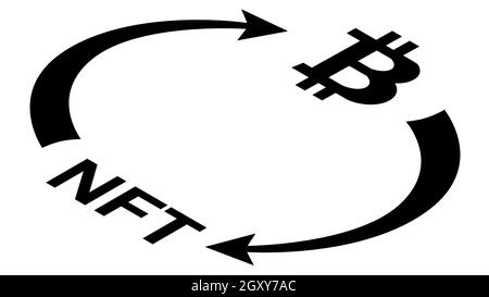 NFT and Bitcoin BTC circulation isometric concept with symbols and cyclical arrows in monochrome silhouette isolated on white. Rotation of non fungibl Stock Vector