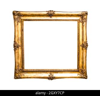 old decorated wide golden picture frame with cut out canvas isolated on white background Stock Photo