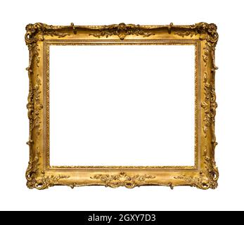 old ornamental golden picture frame with cut out canvas isolated on white background Stock Photo