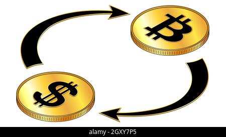 Dollars USD and Bitcoin BTC circulation isometric concept with black symbols on gold coins and cyclical arrows isolated on white. Rotation of digital Stock Vector